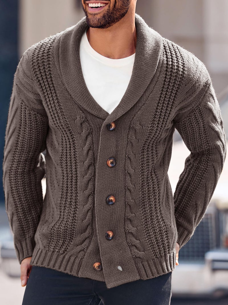 Karlywindow Mens Cable Knit Cardigan Sweater Shawl Collar Loose Fit Long Sleeve Casual Cardigans Brown - Image 2